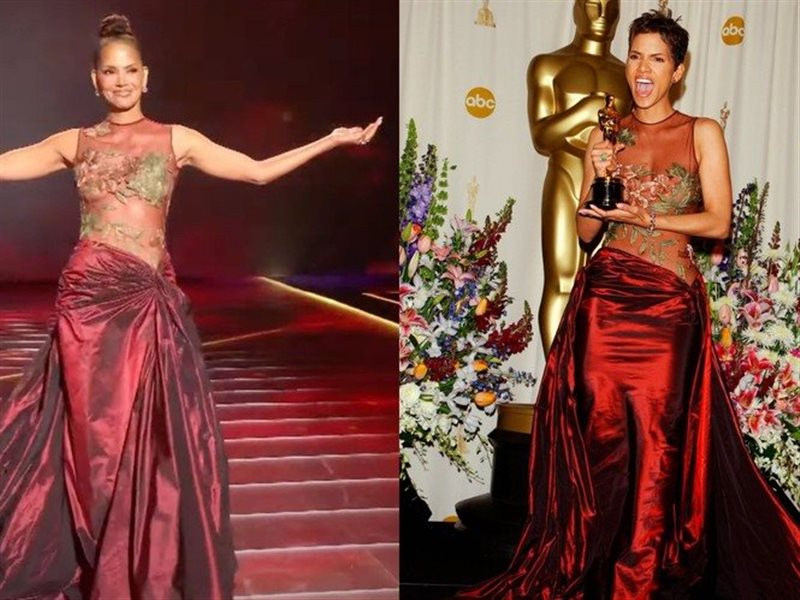 بعد 22 عامًا.. هالي بيري تفتتح عرض إيلي صعب بنفس فستانها في حفل الأوسكار 